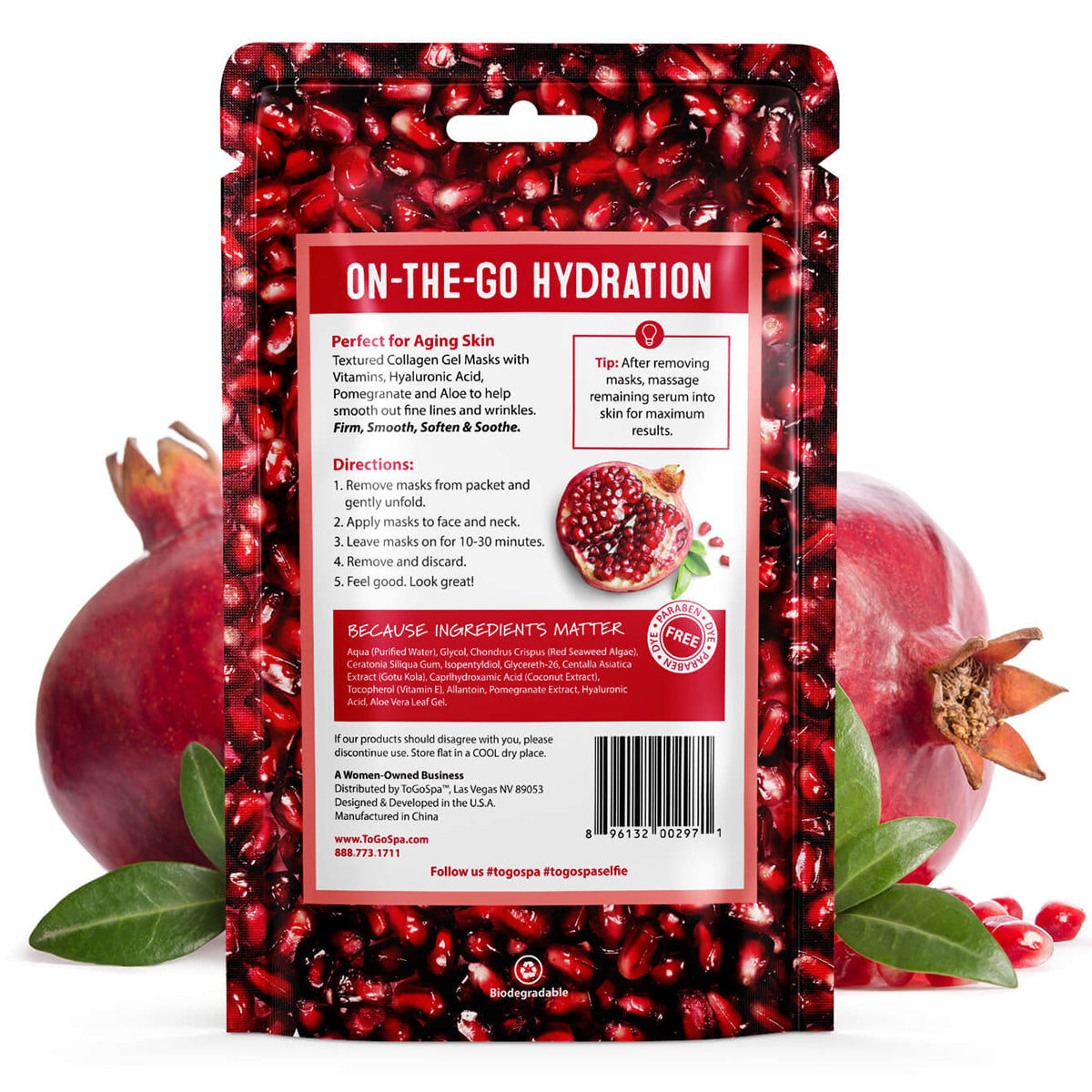 ToGoSpa Face & Neck Collagen hydrogel express masks pomegranate & Aole box back